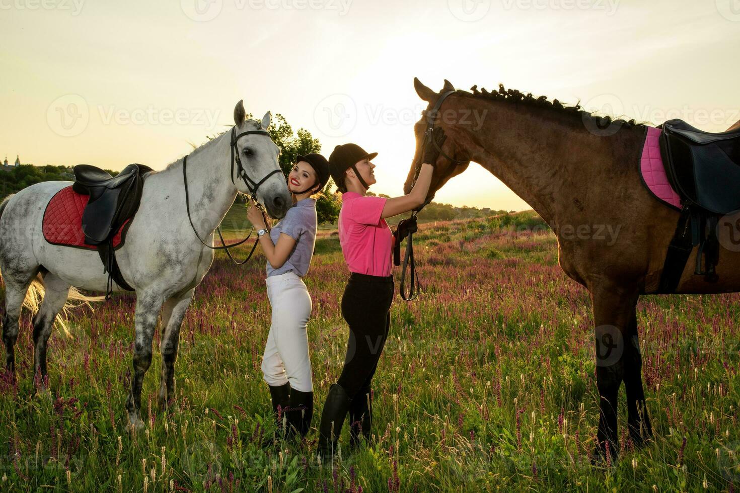 Two woman and two horses outdoor in summer happy sunset together nature photo