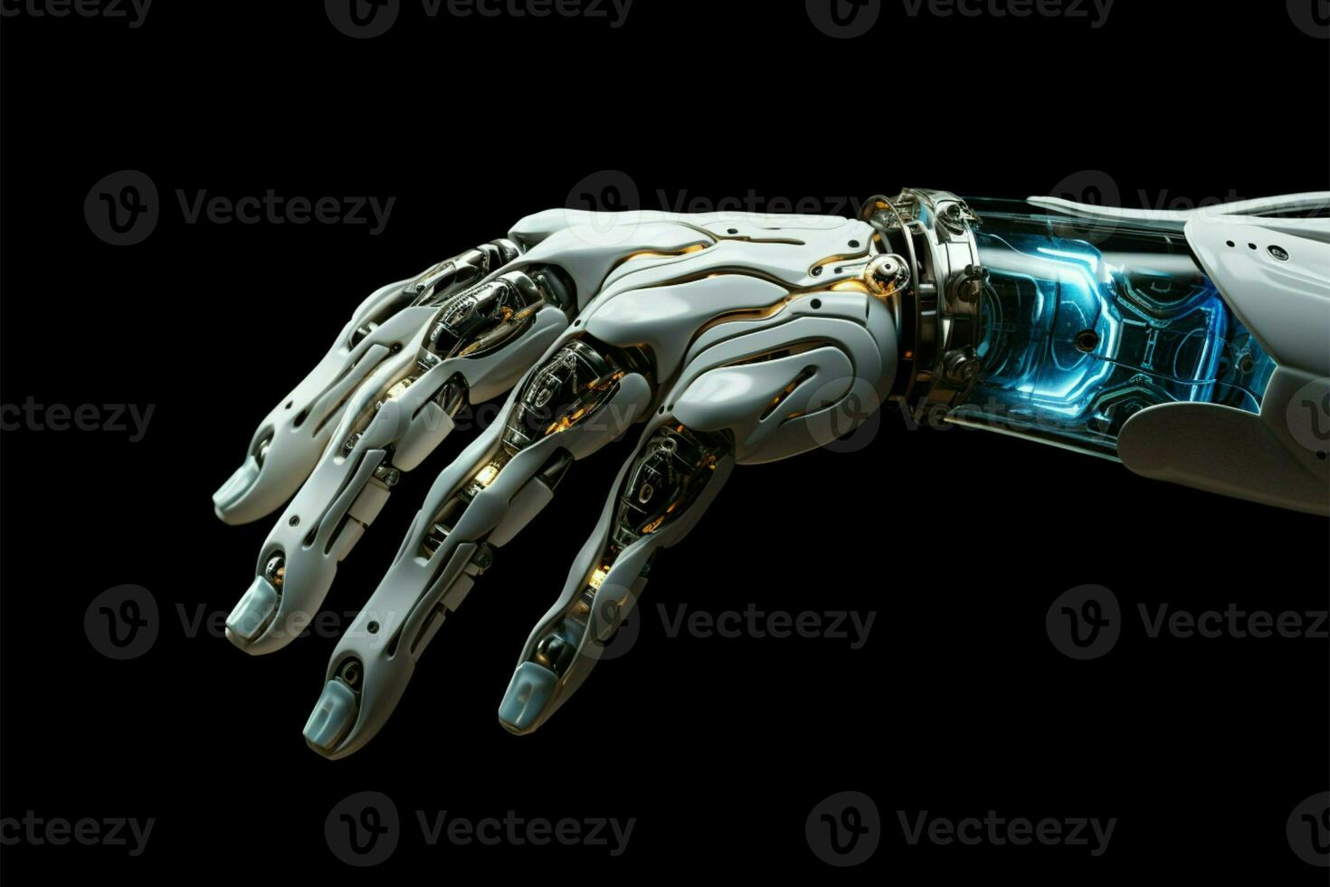 ai generado robo tecnología precisión futurista mano vitrinas avanzado robótico tecnología sin problemas foto