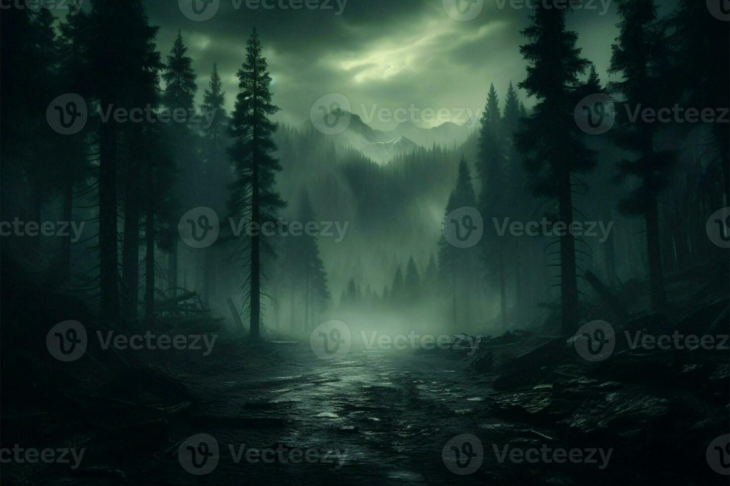 AI generated Enchanting fog Mist magic in a dark forest, mysterious ambiance photo