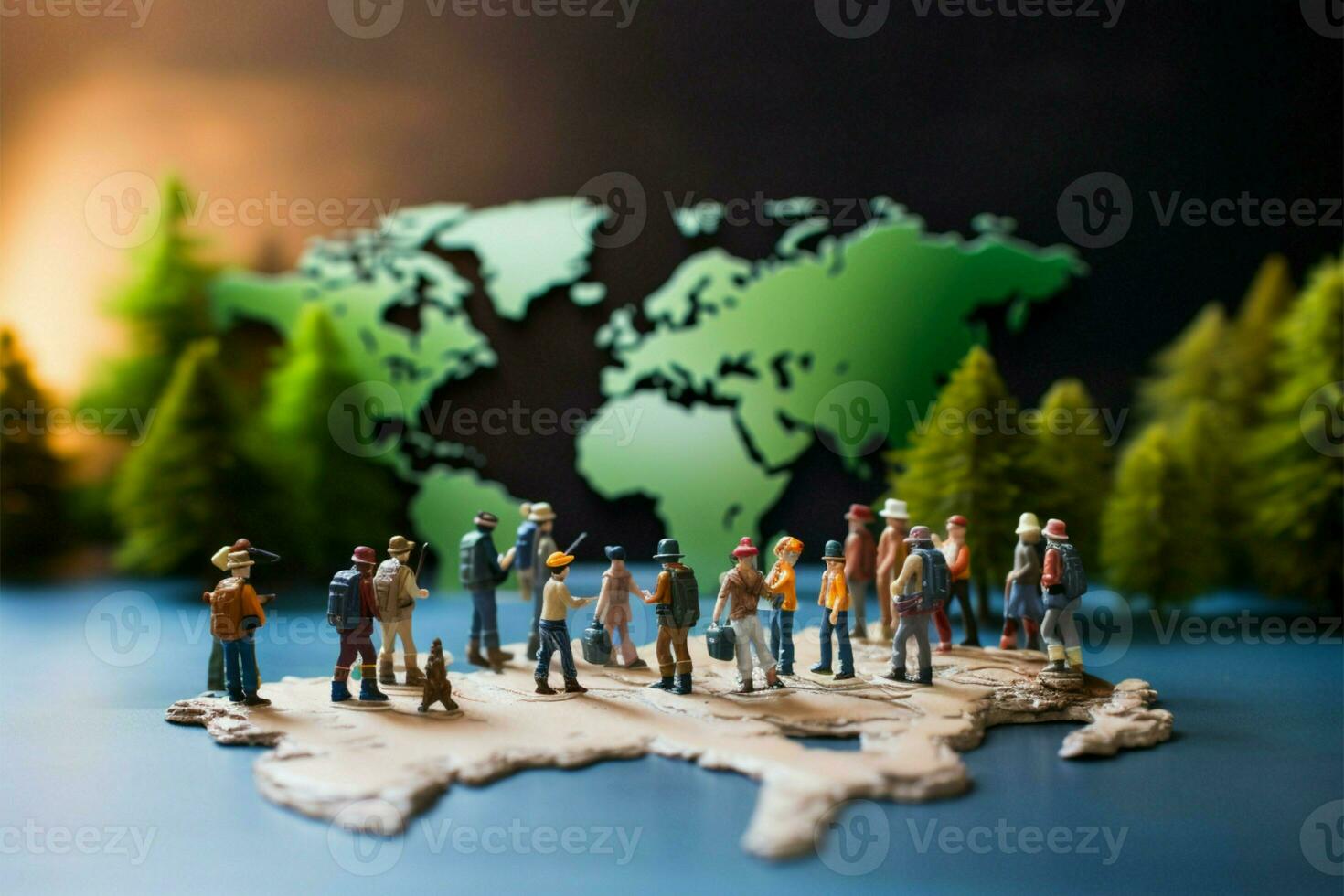 AI generated Wanderlust scene Miniature figures walking on a world map illustration photo