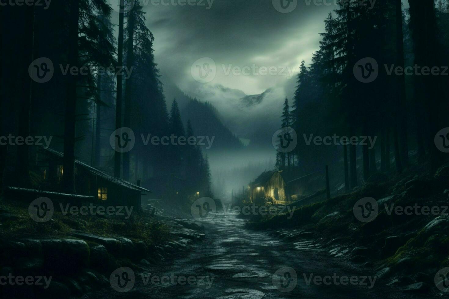AI generated Nocturnal mystique Misty, foggy night in a dark forest landscape photo