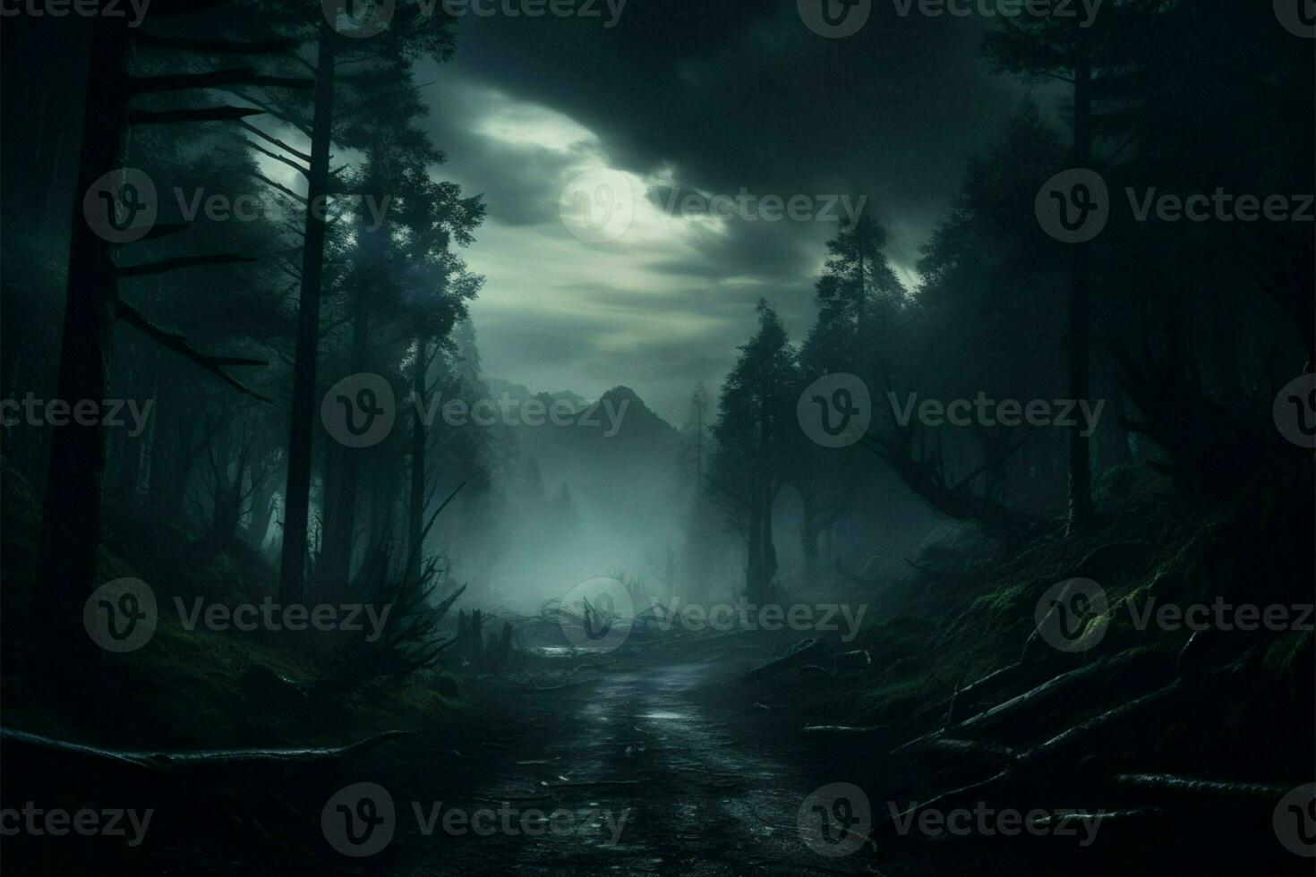 AI generated Eerie ambiance Fog blankets the night in a dark forest photo