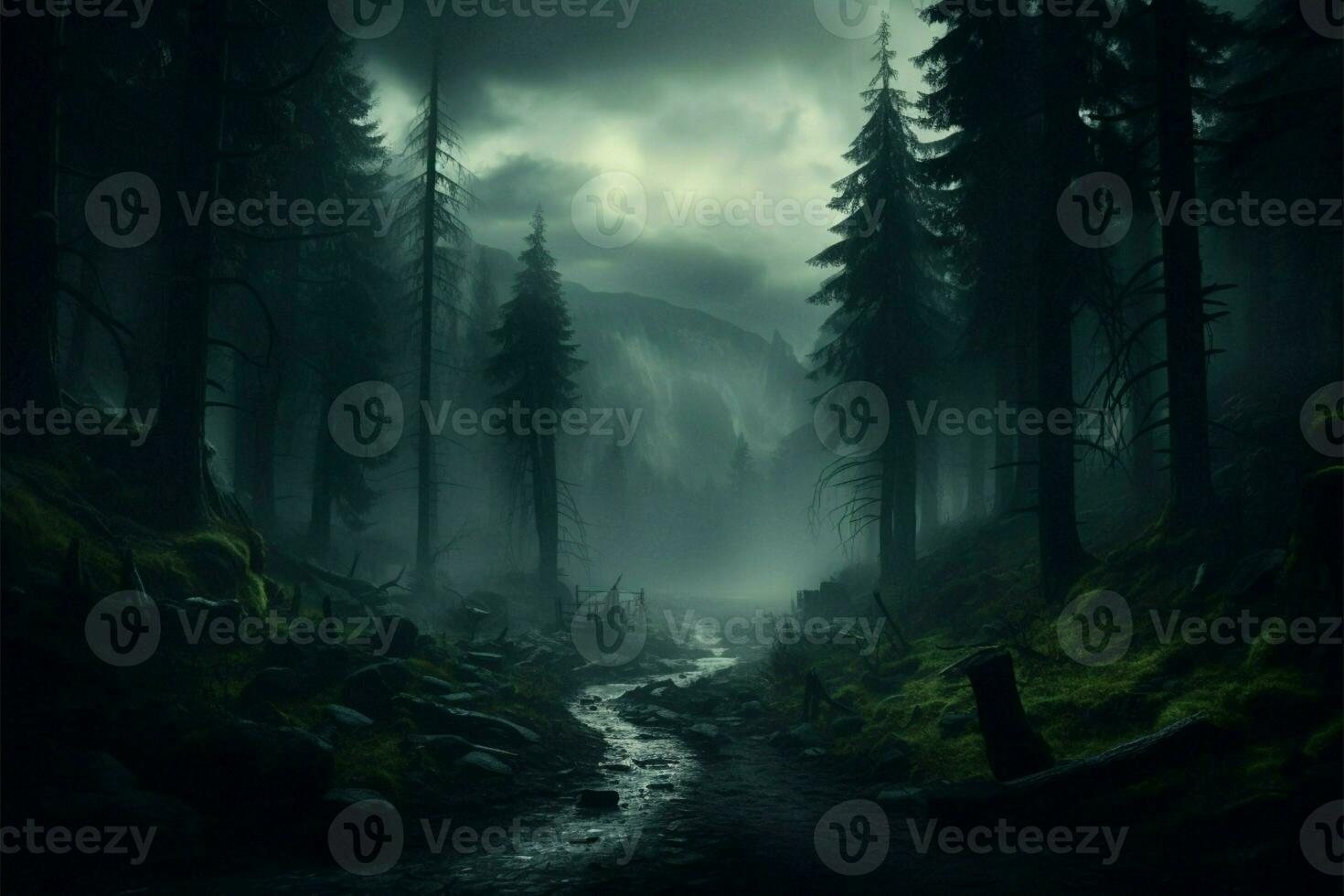 AI generated Enchanting fog Mist magic in a dark forest, mysterious ambiance photo