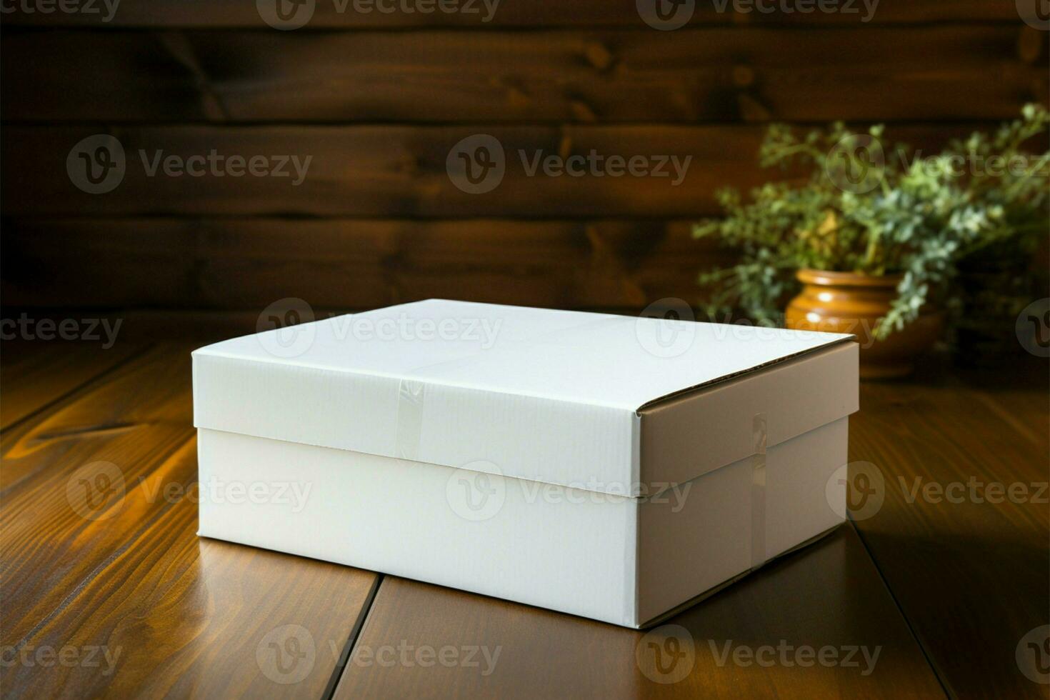 AI generated Wooden simplicity White paper box on a rustic wooden table photo