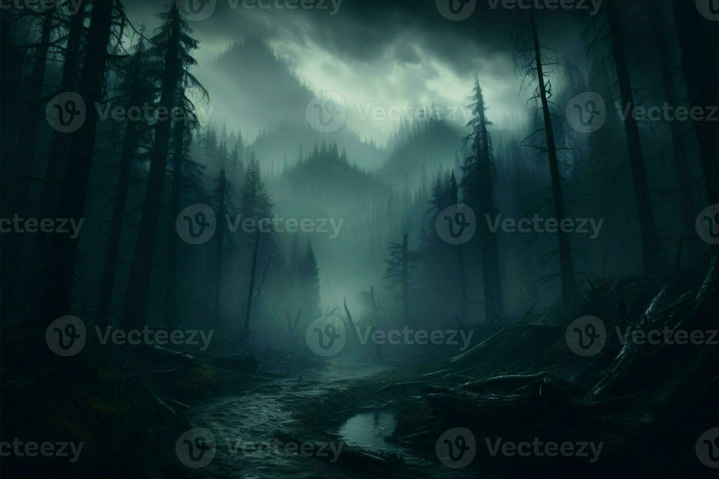 AI generated Eerie ambiance Fog blankets the night in a dark forest photo