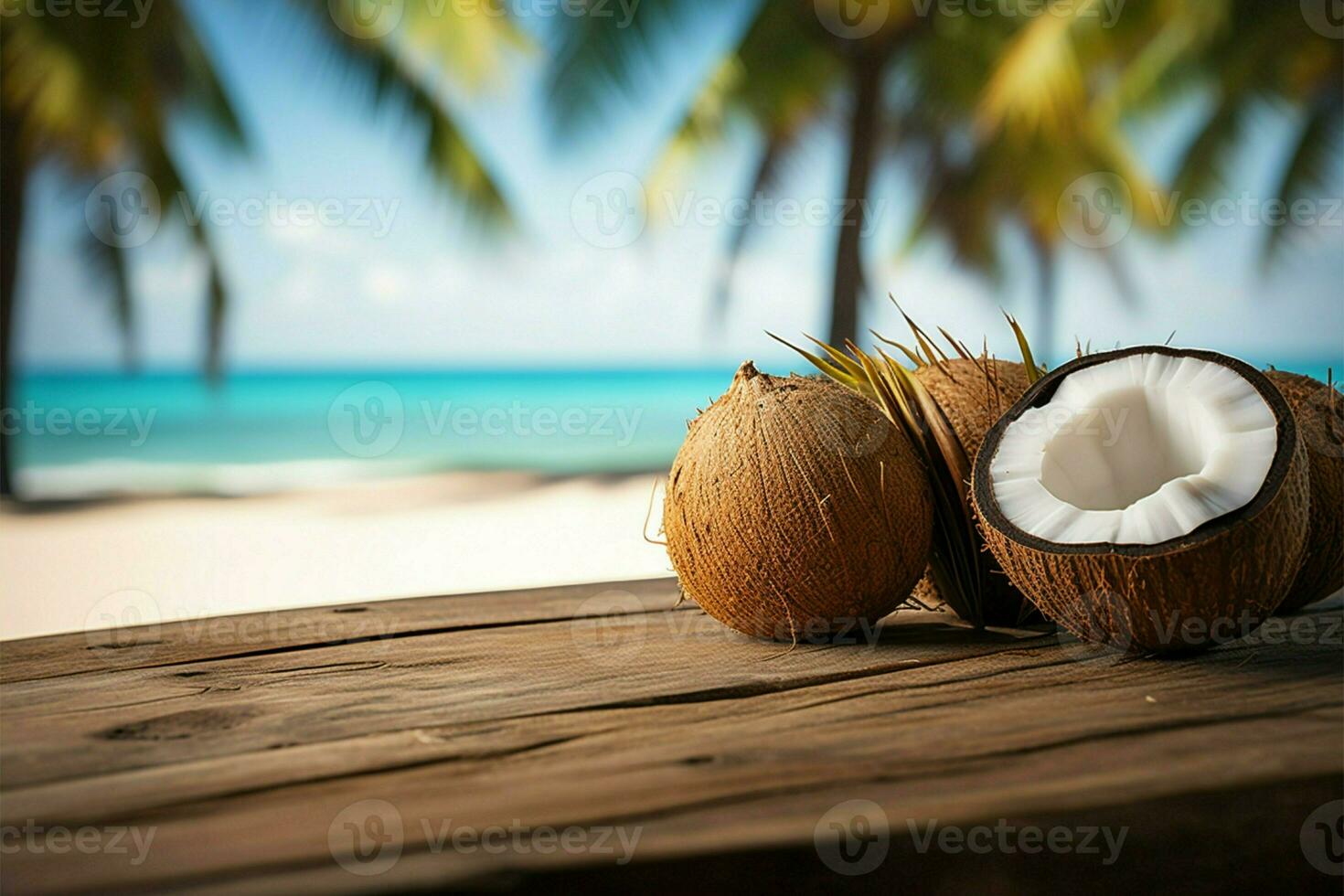 ai generado isla vibraciones de madera mesa con Coco en un playa antecedentes foto