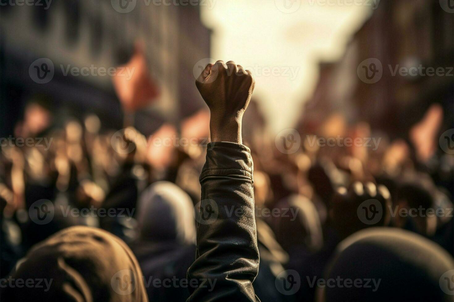 ai generado anti guerra protesta elevado puño a un Pro Palestina manifestación en Milán foto