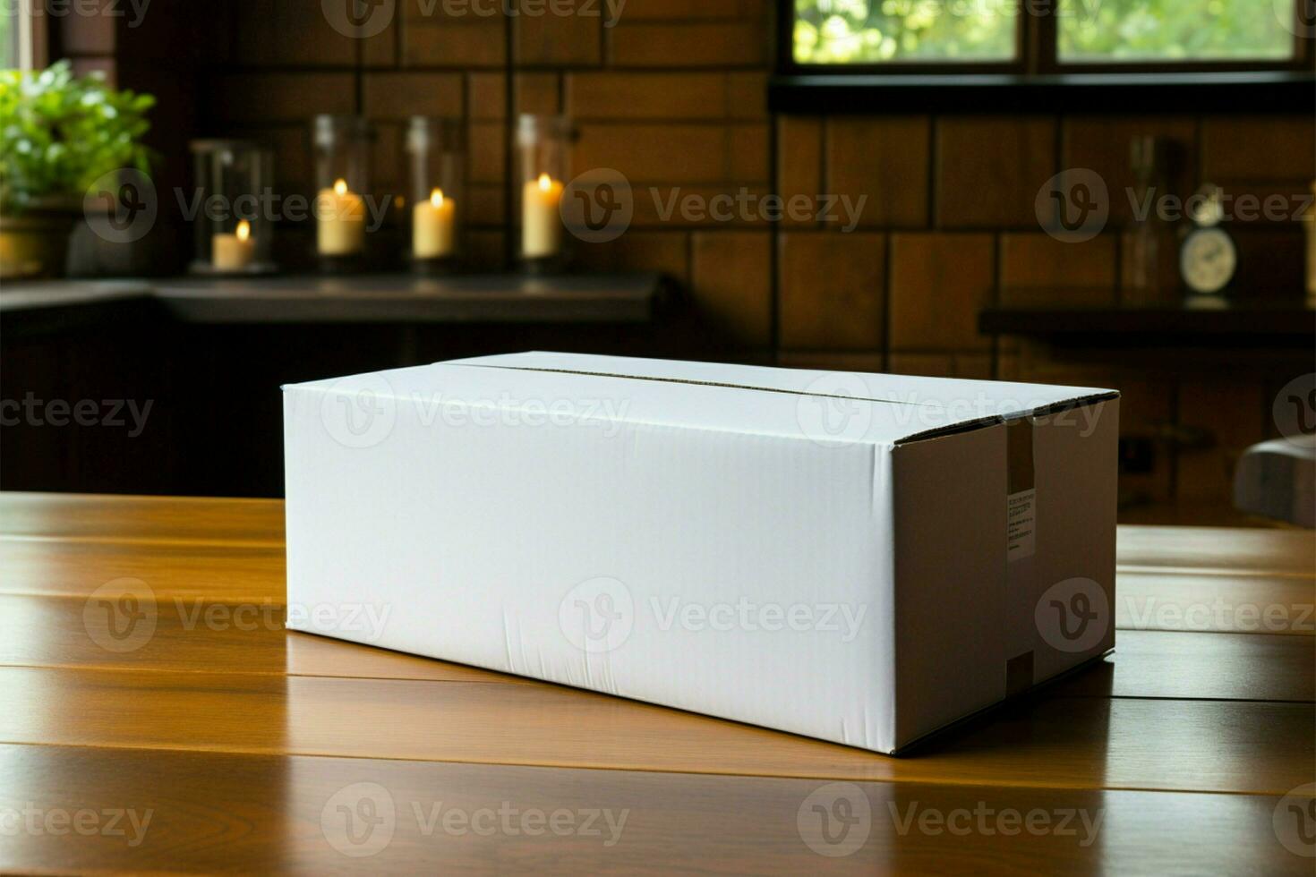 AI generated Neutral sophistication White paper box on a wooden table background photo