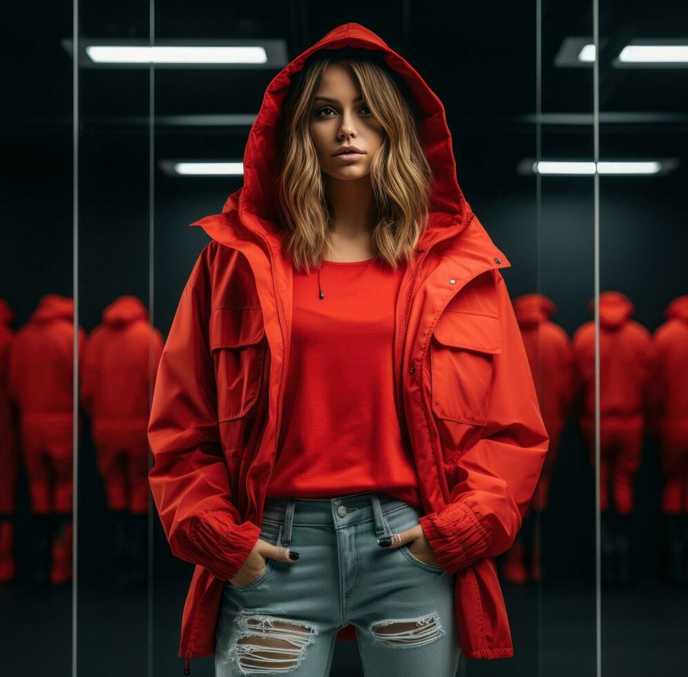 AI generated girl with red jacket posing at dark room photo