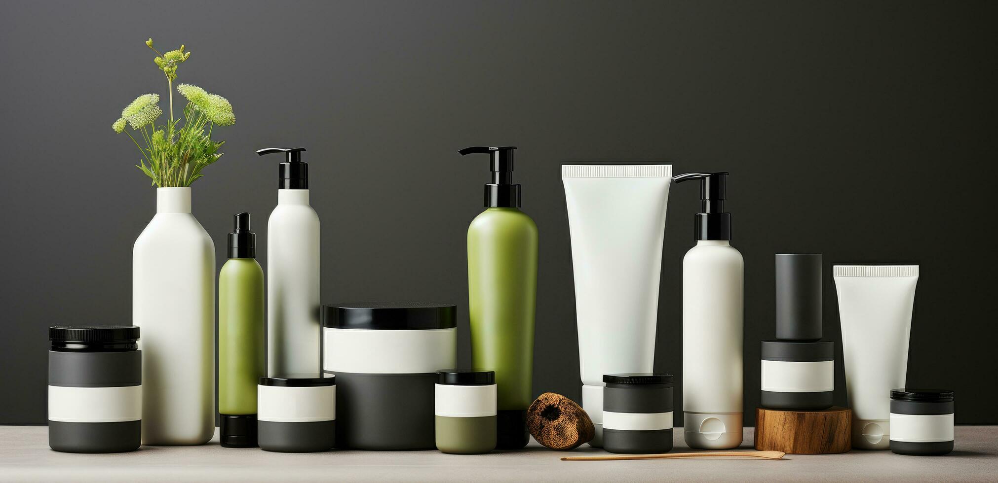 ai generado el conjunto de negro, blanco y verde productos cosméticos foto