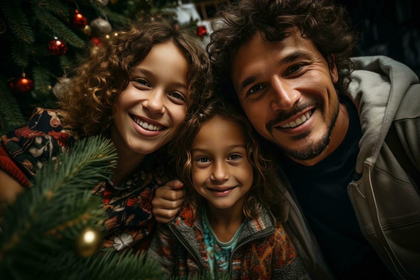 AI generated four people are standing over a christmas tree photo