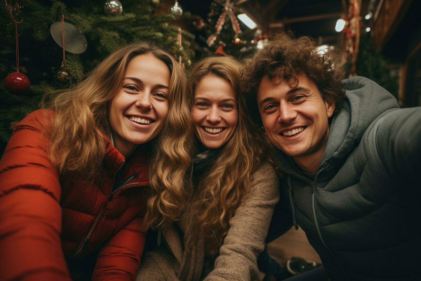 AI generated four people with christmas gifts taking a selfie in front of christmas tree photo