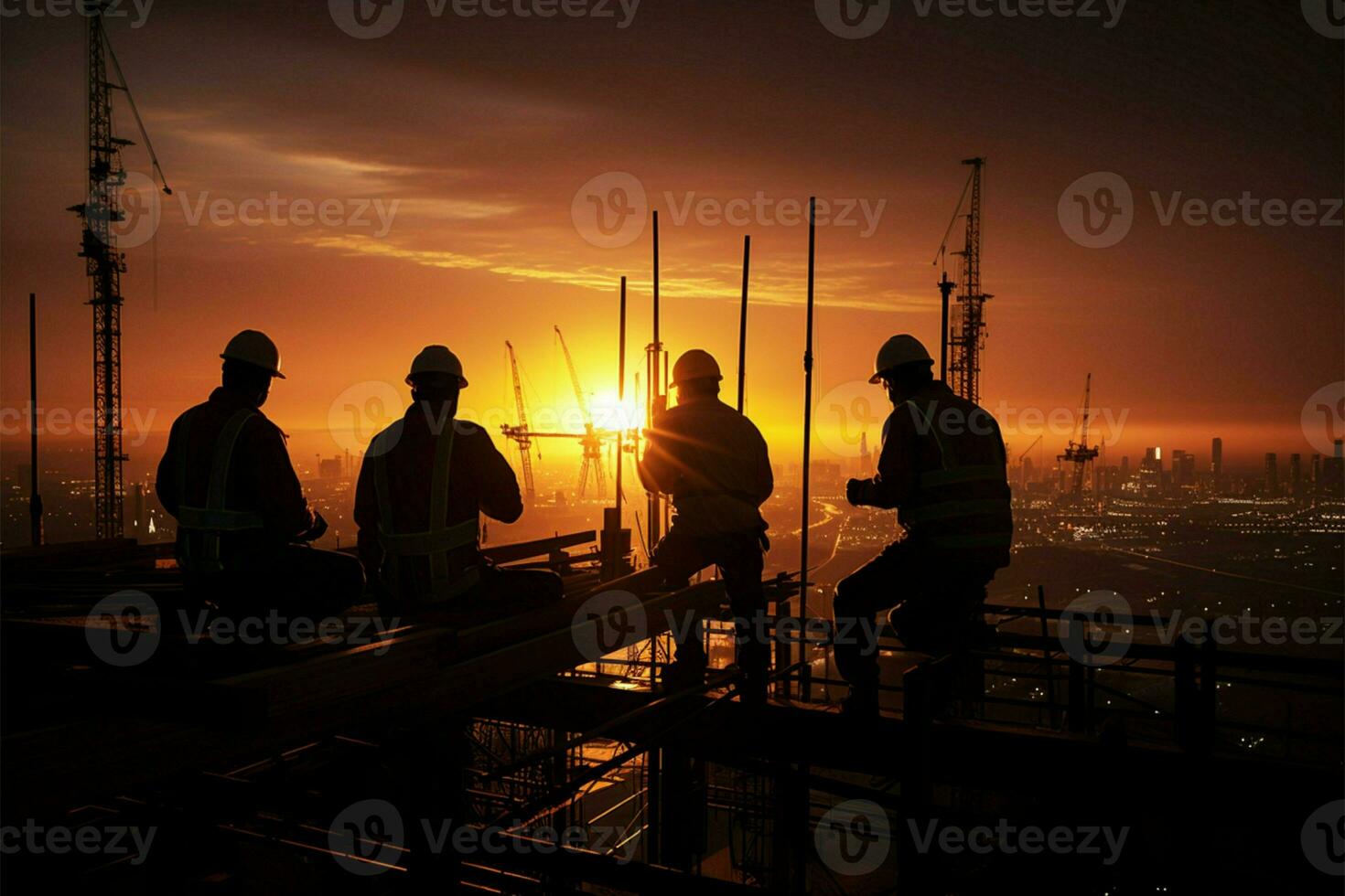AI generated Business development Construction engineer, contractor, teamwork silhouette on industrial site photo