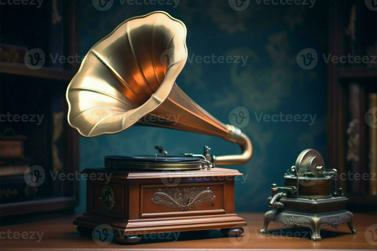 AI generated Retro resonance Aquamarine gramophone on vintage style filtered background, 90s concept photo