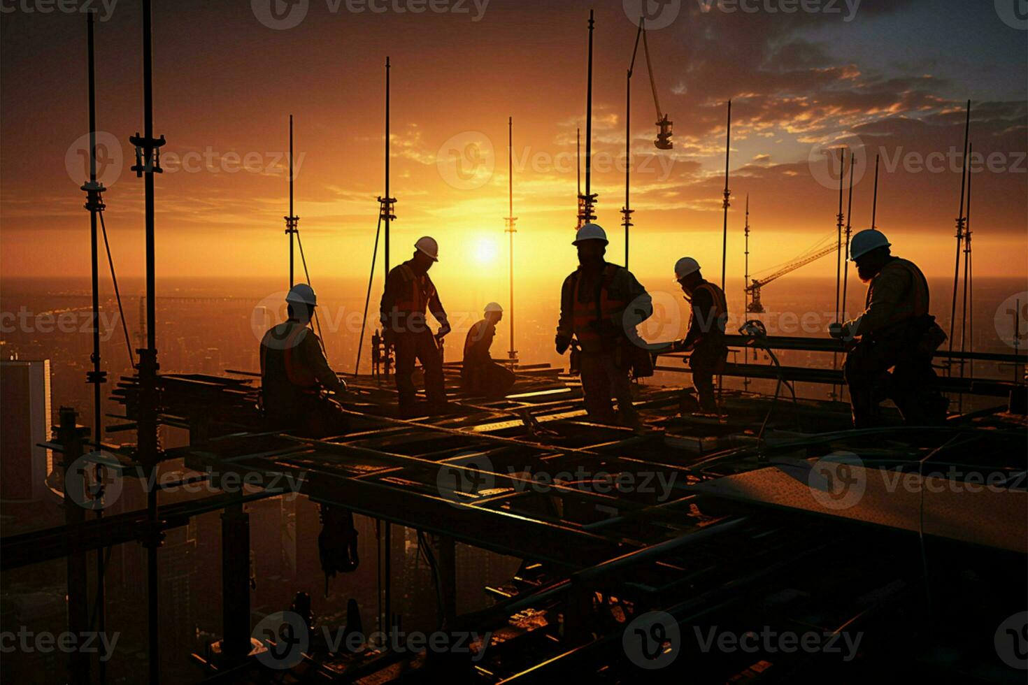 AI generated Sunset teamwork Construction engineer, contractor, civil team silhouette at project site photo