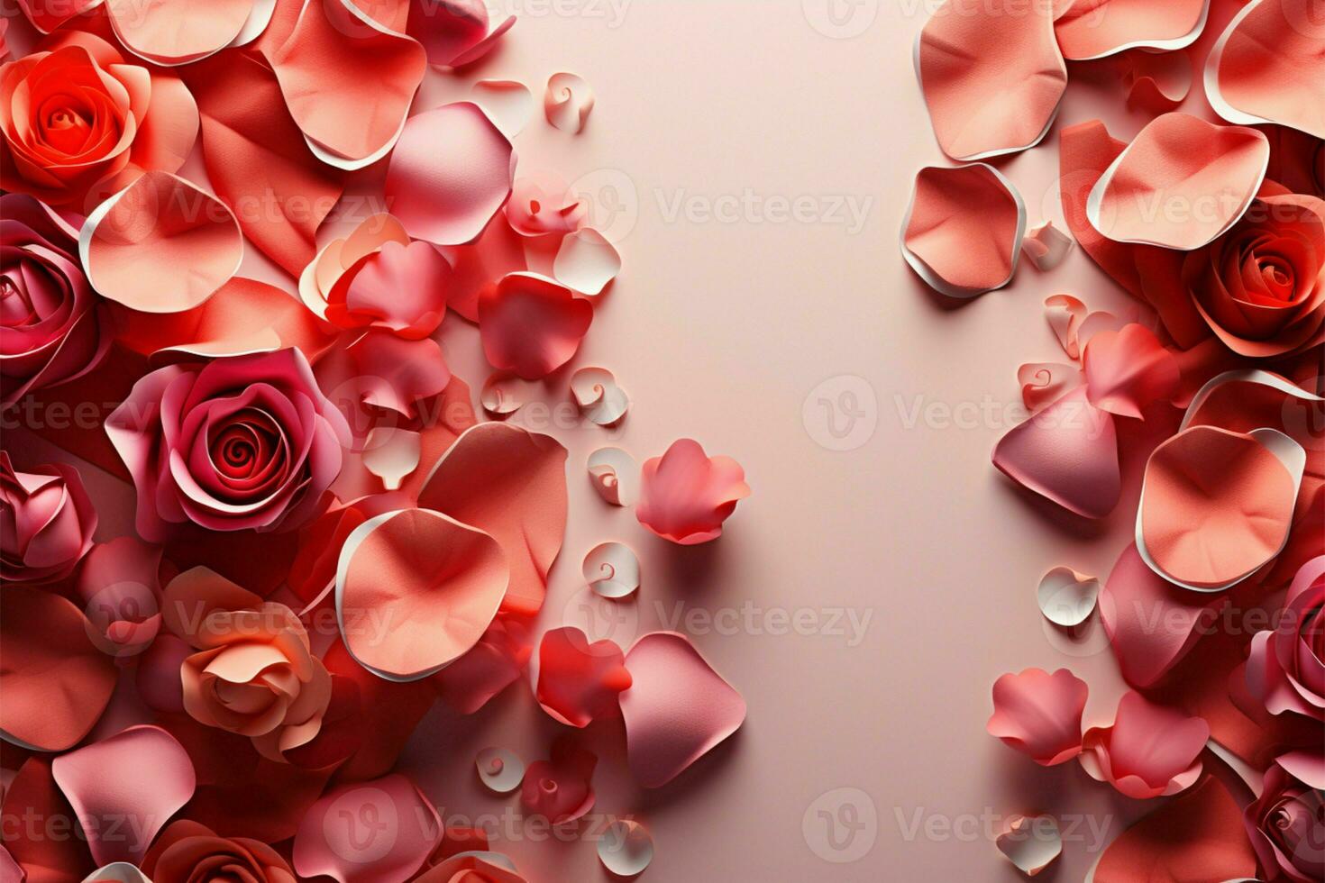 AI generated Floral love Valentine frame fashioned with rose flowers and confetti photo