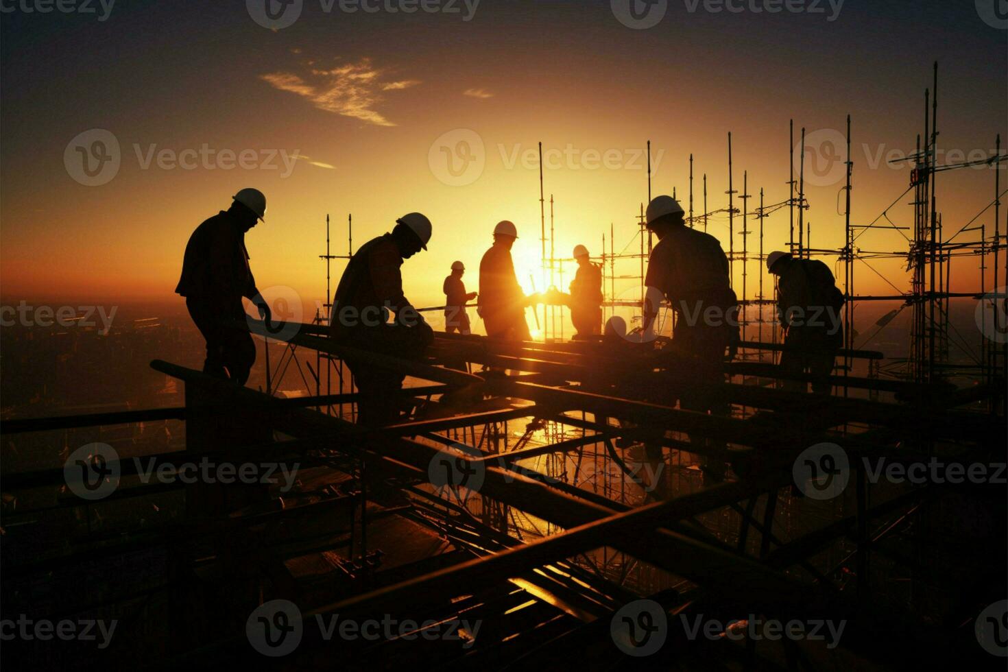 AI generated Silhouette teamwork Construction engineer, contractor, civil team at sunset site photo