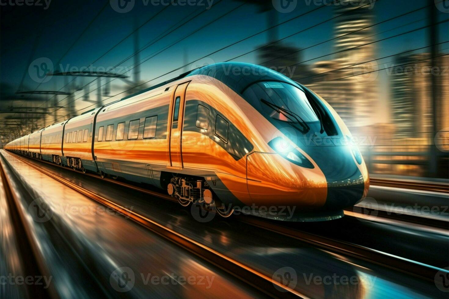 AI generated Graphic velocity High speed train moving on the railway, business adventure photo
