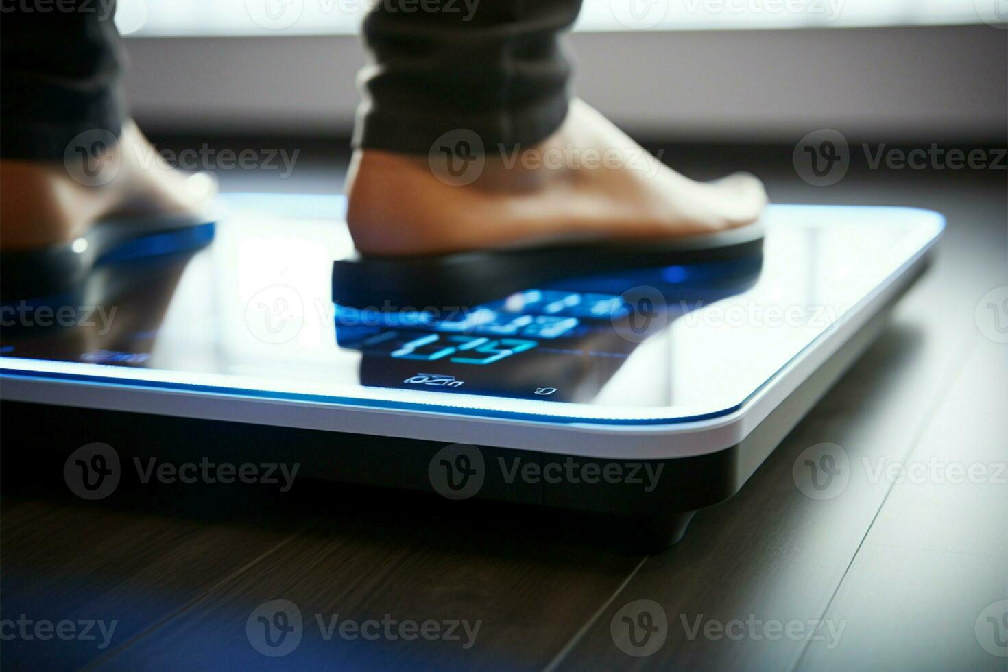 AI generated Healthy progress Feet on electronic scales for weight control measurement photo