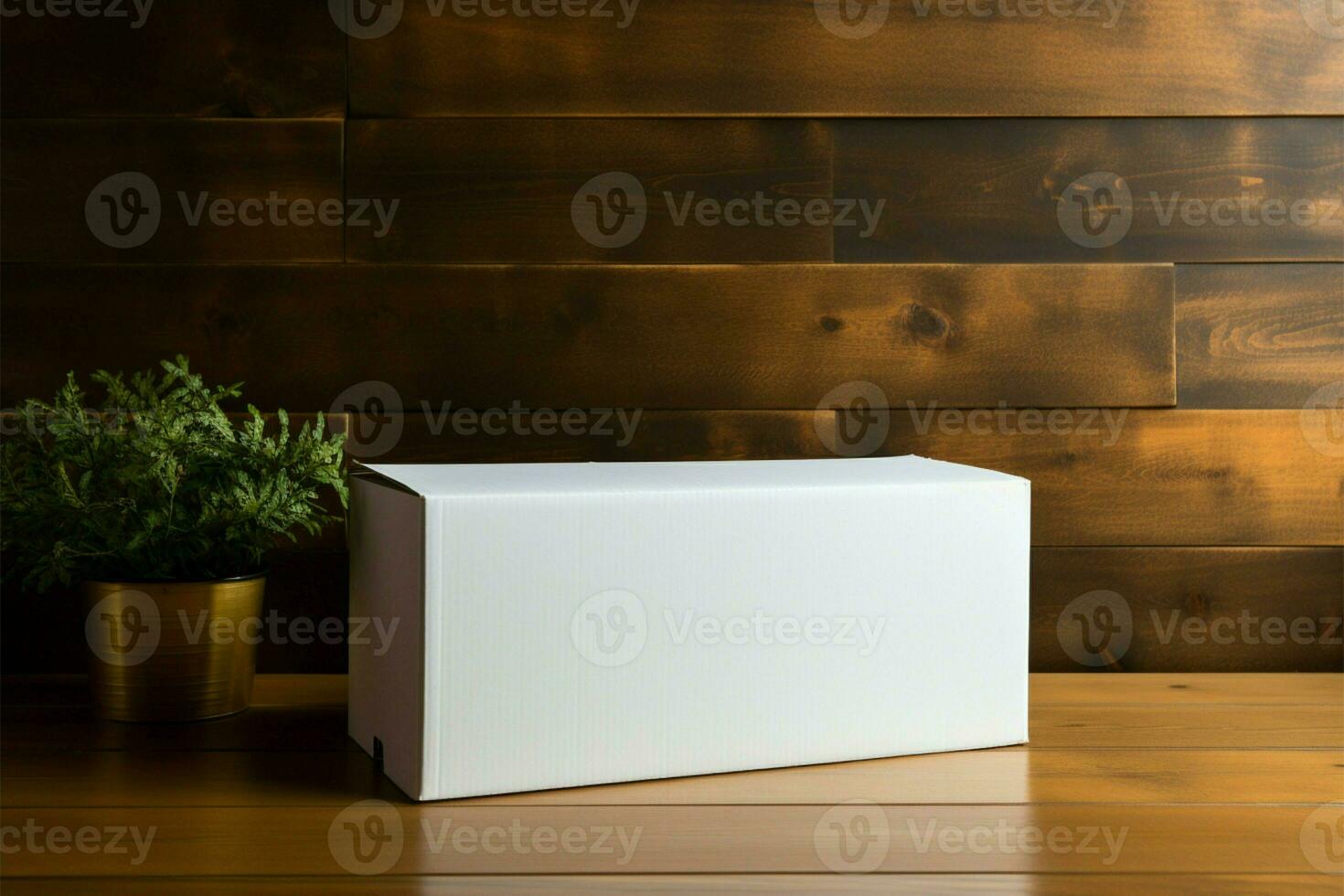 AI generated Minimalist elegance White paper box on a natural wood background photo