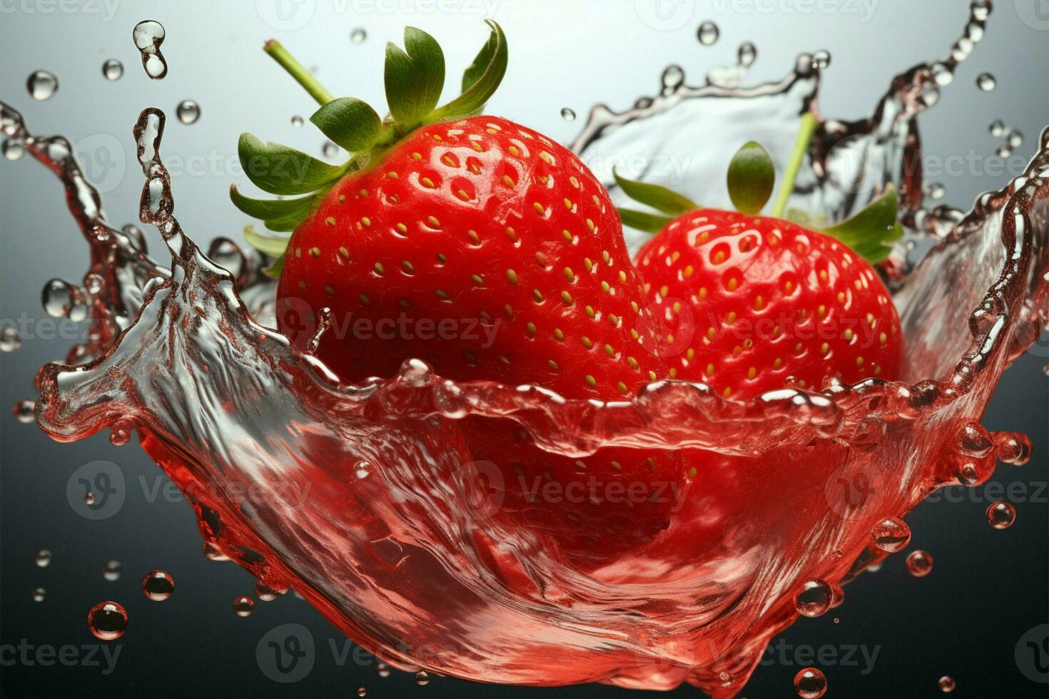 AI generated Fruity immersion Strawberry makes a splash into a glass on white photo