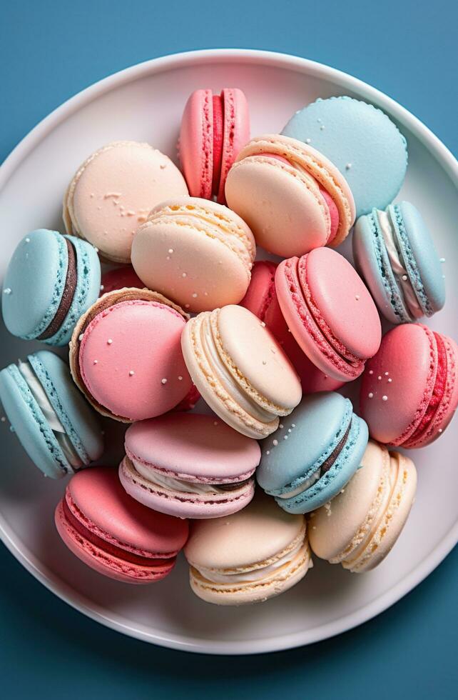 AI generated nine small pink and blue macaroons sit on a plate in front of an empty plate photo