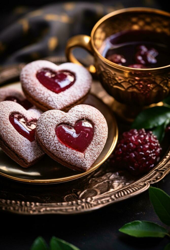 AI generated heartshaped gingerbread cookies with jam on a plate photo