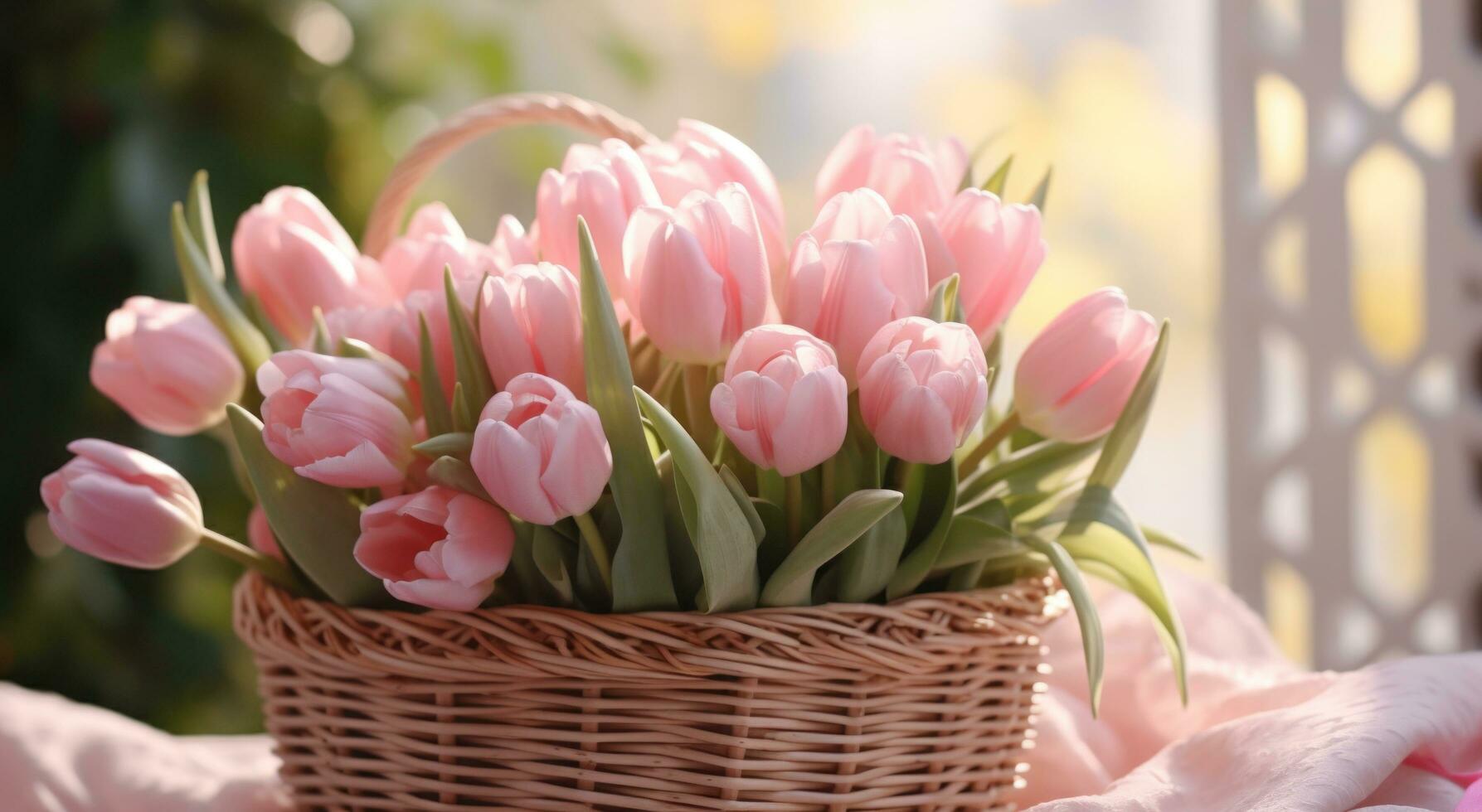 AI generated simple spring time bouquet of tulips with background in a wicker basket photo