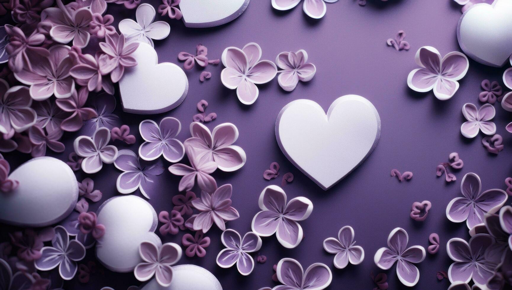 AI generated many hearts, flowers and hearts over purple background photo