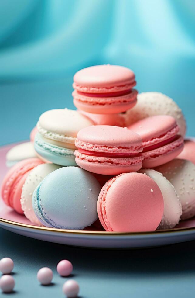 AI generated nine small pink and blue macaroons sit on a plate in front of an empty plate photo