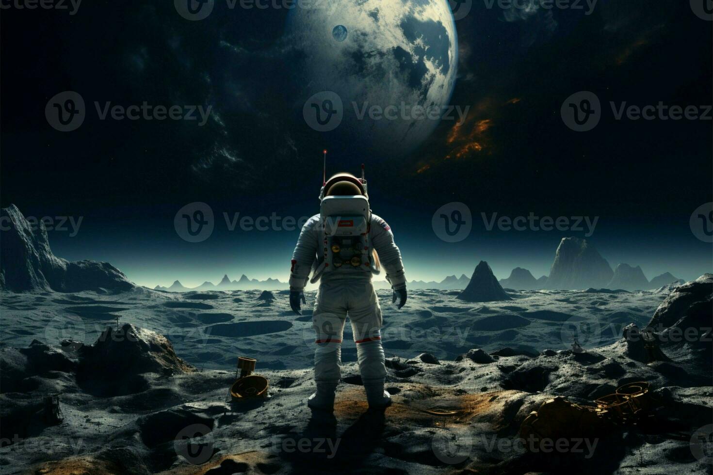 AI generated Space traveler Astronaut wearing a spacesuit exploring the moons surface photo
