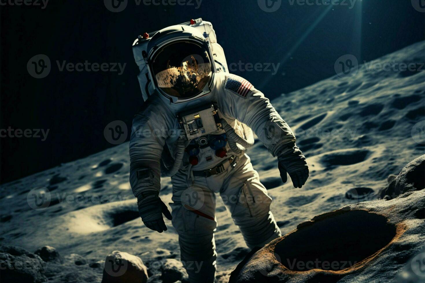 ai generado paseo espacial preguntarse astronauta en espacio traje explora el lunas superficie foto