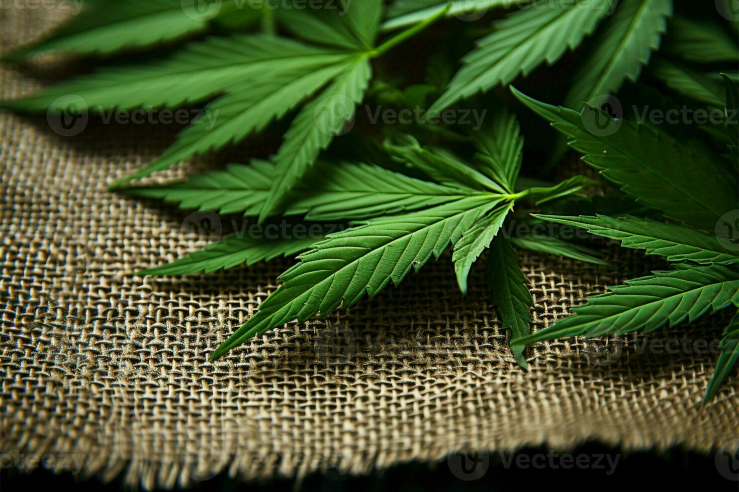 AI generated Hemp aesthetics Cannabis leaves on a textured hemp textile background photo