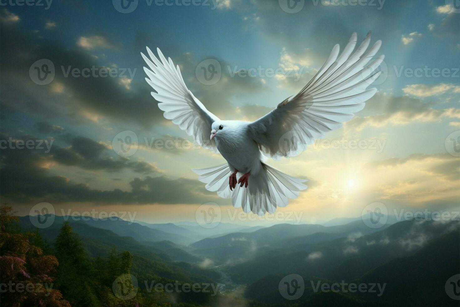 AI generated Feathered elegance Peaceful white dove soars high in the sky photo