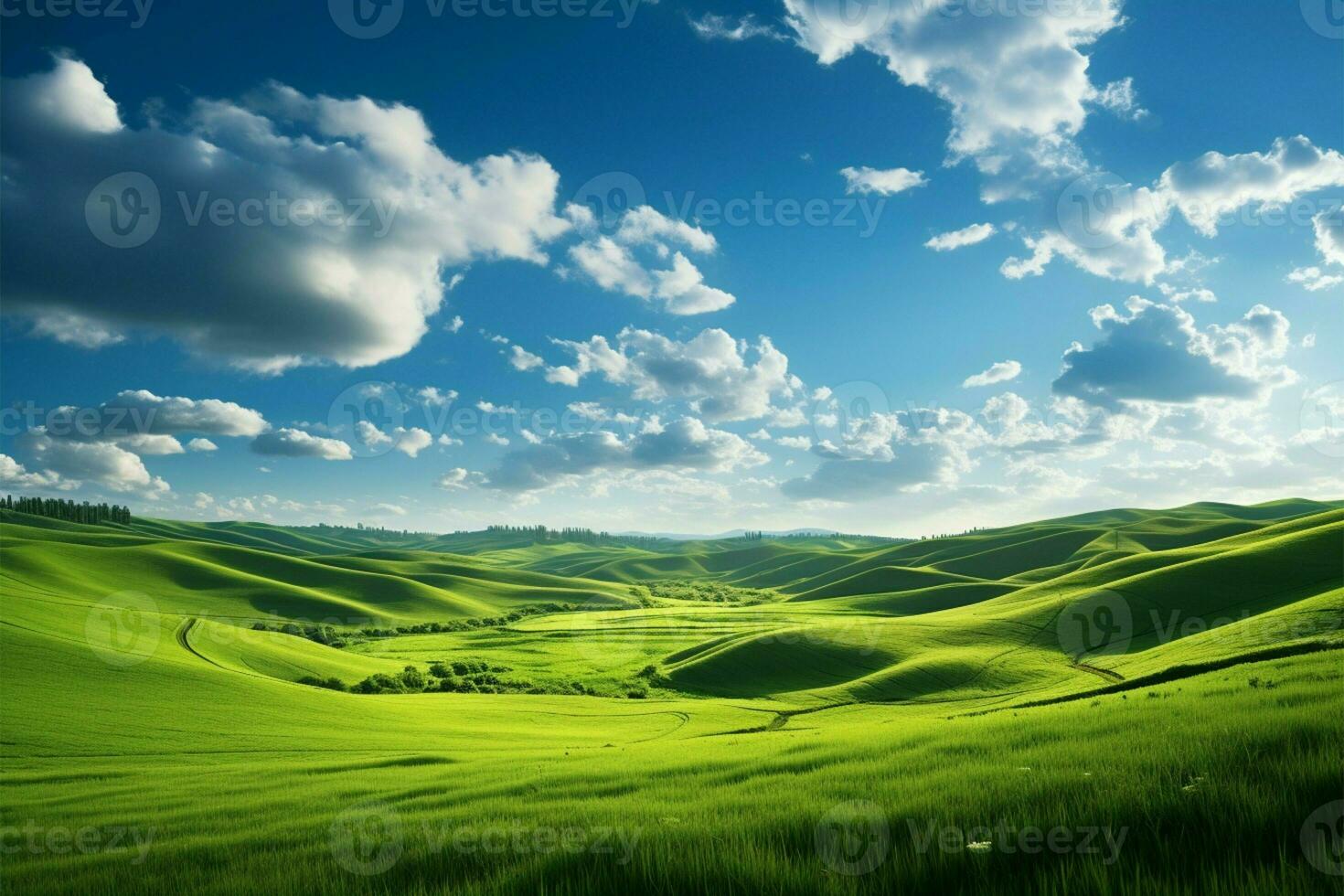 AI generated Vibrant panorama Green field grass hills landscape in a realistic illustration photo