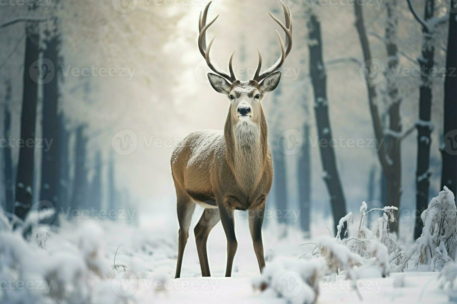 AI generated Grace in winter Deer stands against a snow covered forest backdrop photo