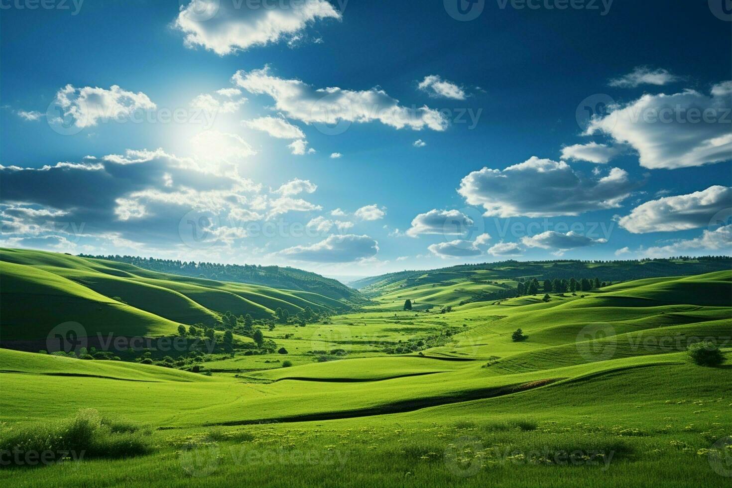 AI generated Scenic beauty Green field grass hills landscape in a graphic photo