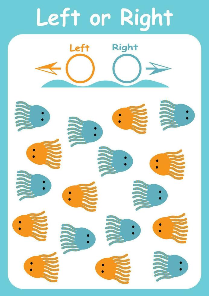 Left and right. Directions for children. Logic game. Orientation in space. Study sheet. vector