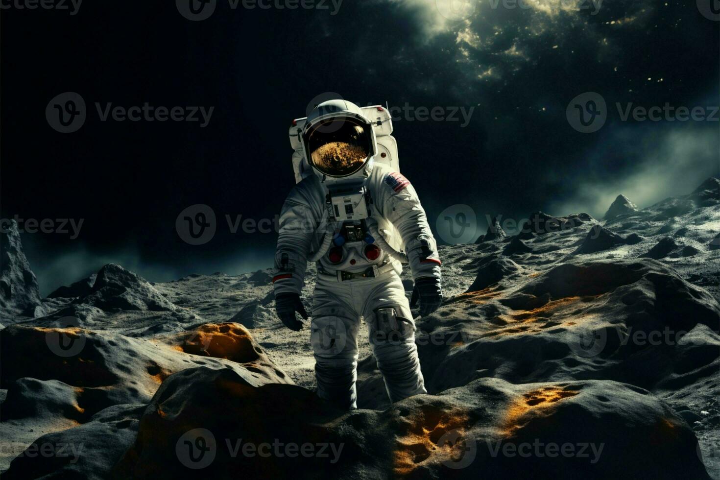 ai generado espacio viajero astronauta vistiendo un traje espacial explorador el lunas superficie foto