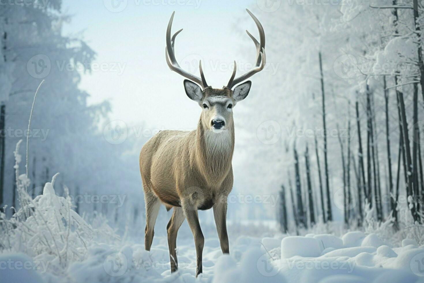 AI generated Winter serenity Deer stands in front of snow covered field photo