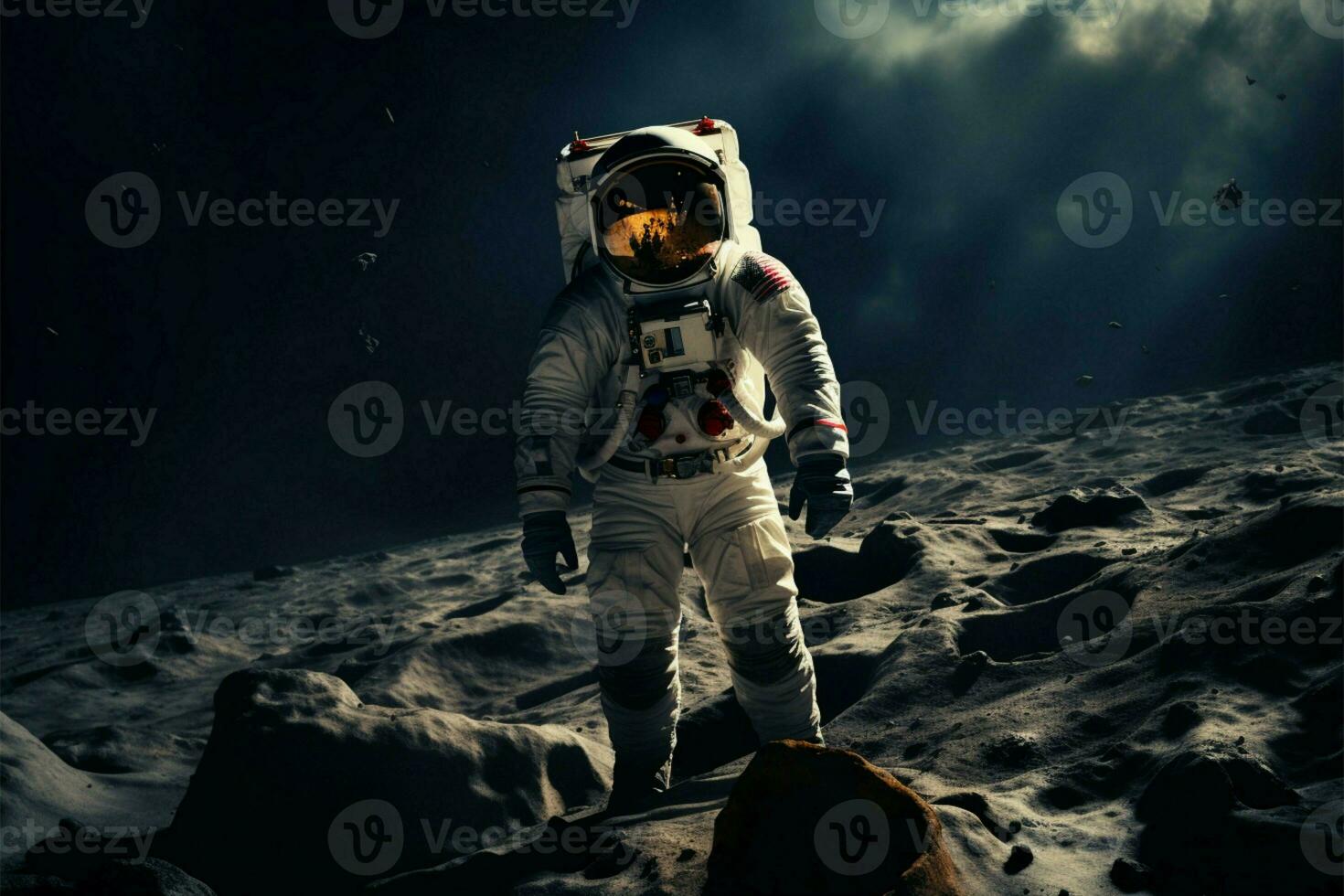 AI generated Moon stroll Astronaut in space suit walking on the lunar surface photo