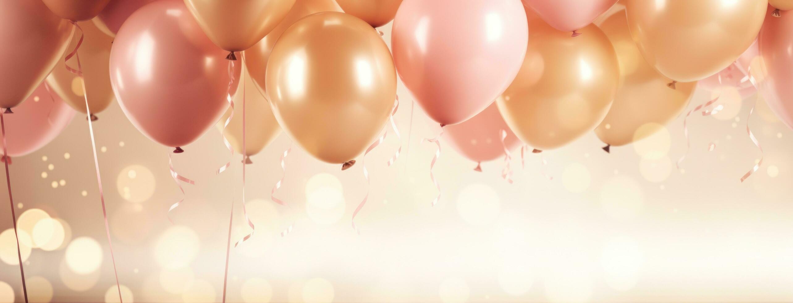 AI generated pink and gold balloons against a background photo