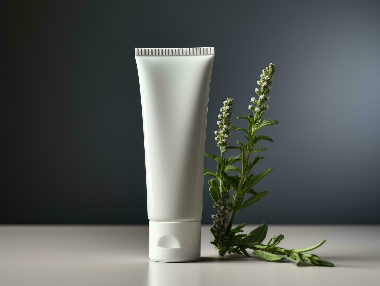 AI generated white tube of face cream next to a plant on a grey background photo