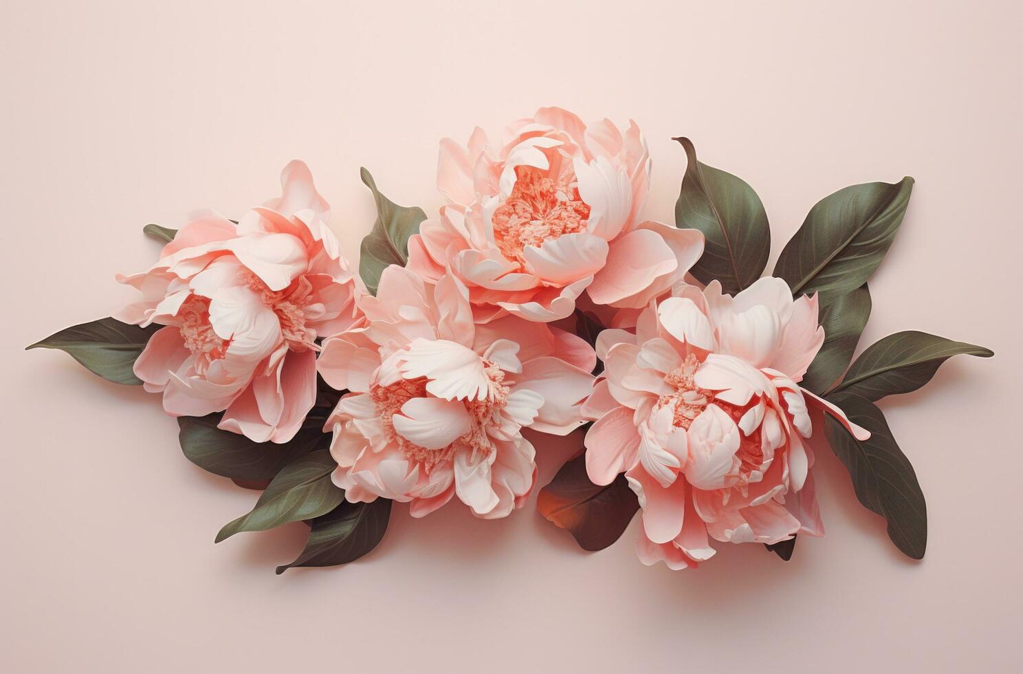 AI generated peonies, green leaves and pink leaves on a soft pink background photo