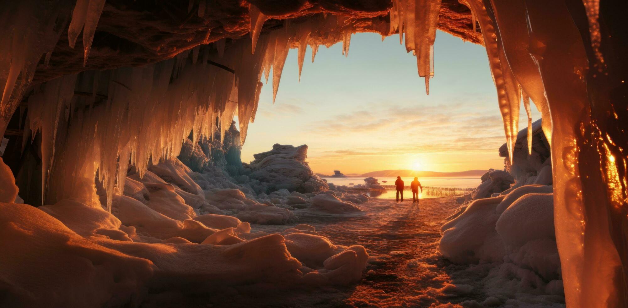 ai generado fotógrafo tomando foto de Dom ajuste detrás algunos hielo caverna