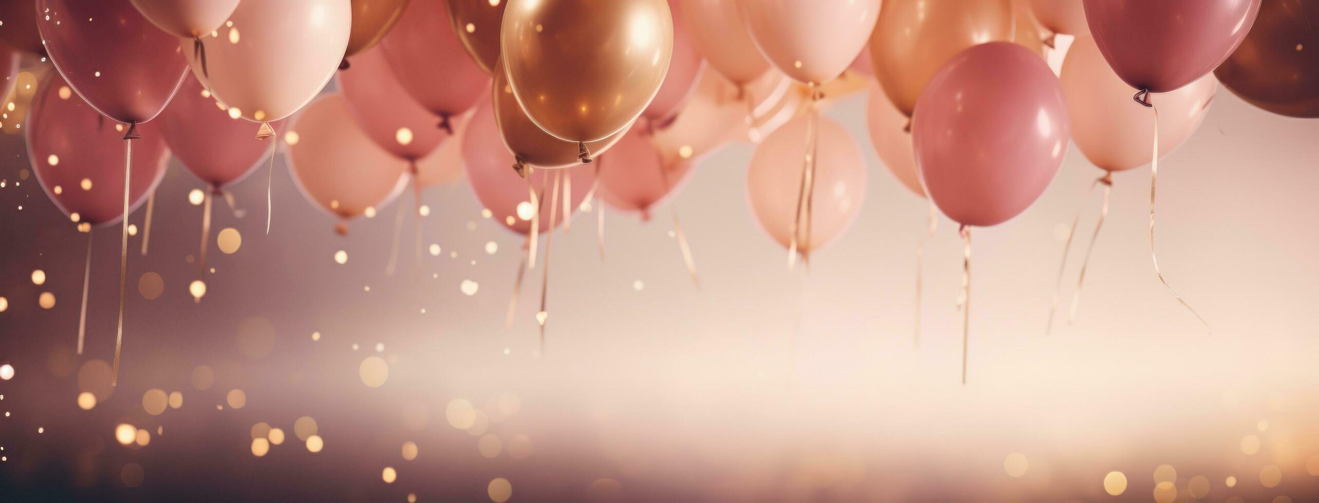 AI generated pink and gold balloons against a background photo