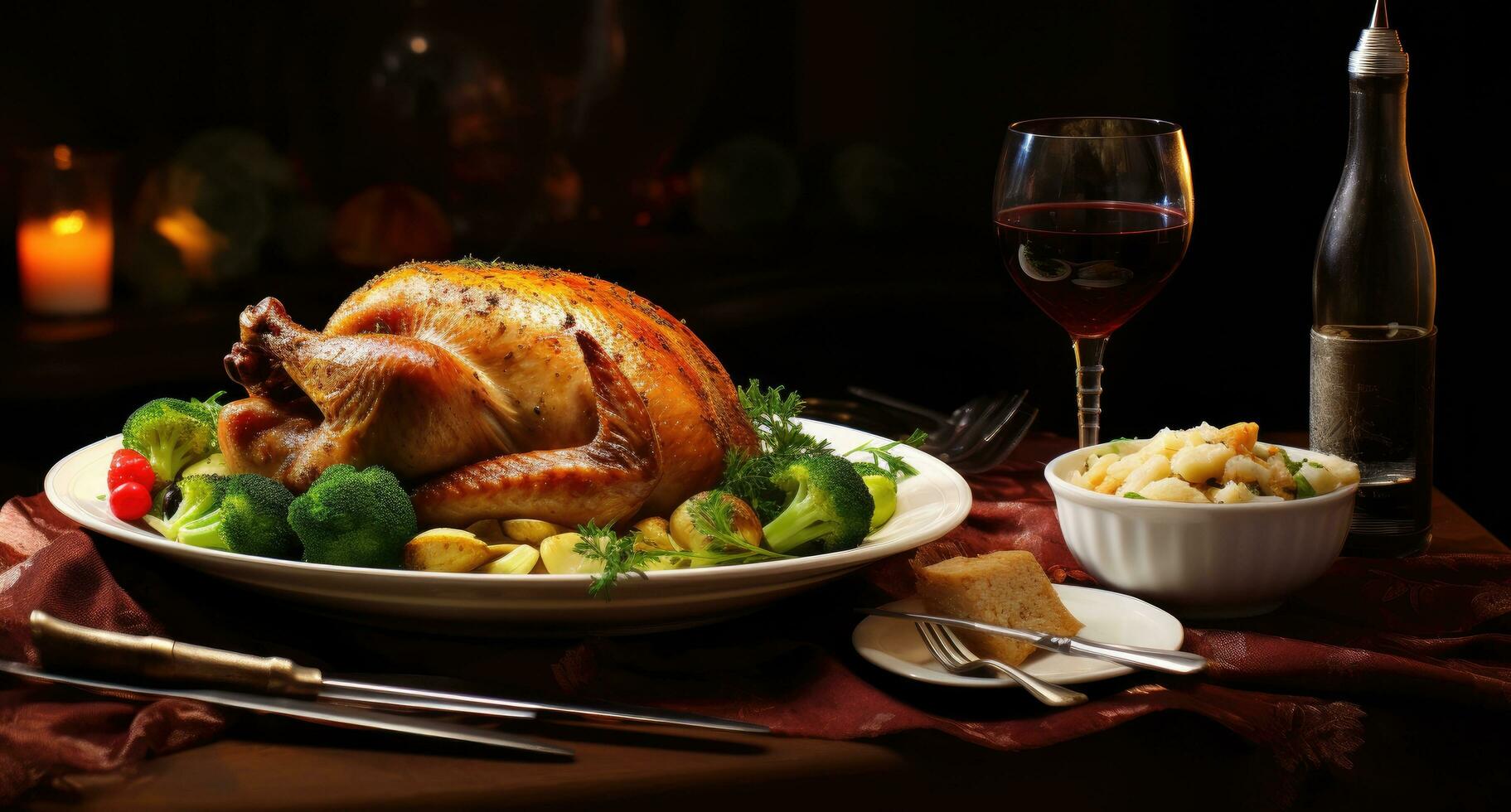 AI generated turkey dinner with some wine at the side turkey photo