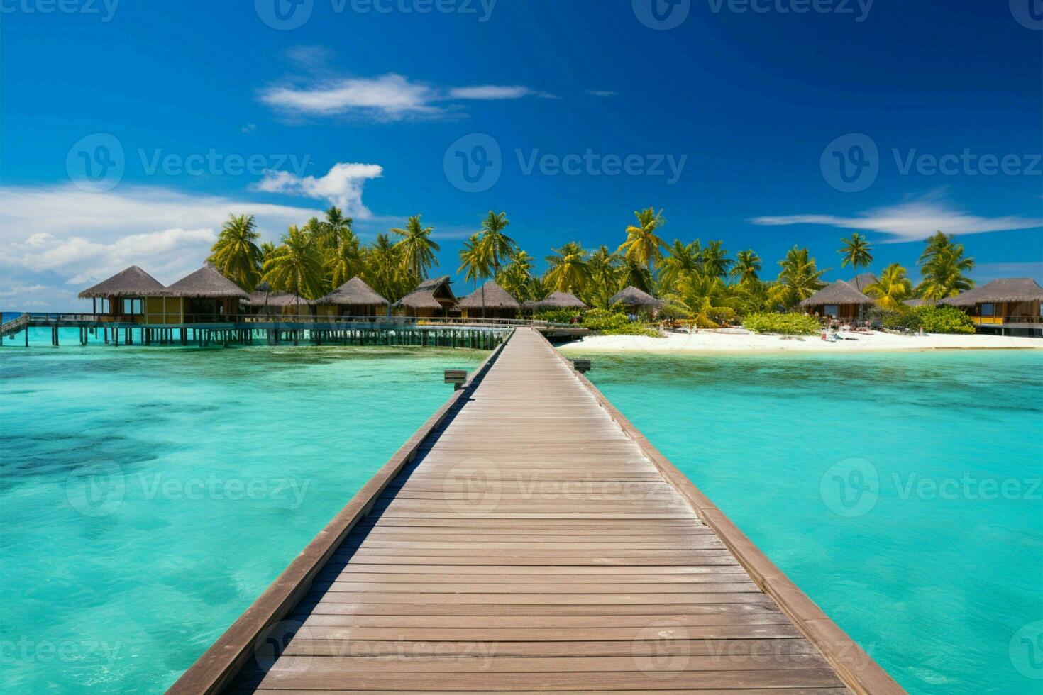 AI generated Tropical paradise Luxury travel backdrop with a wooden pier panorama photo