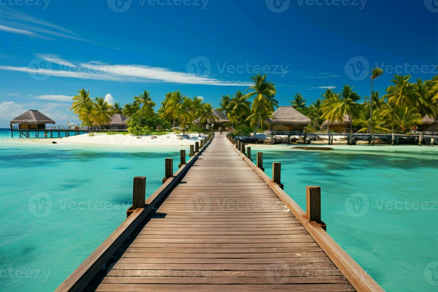 AI generated Tropical paradise Luxury travel backdrop with a wooden pier panorama photo