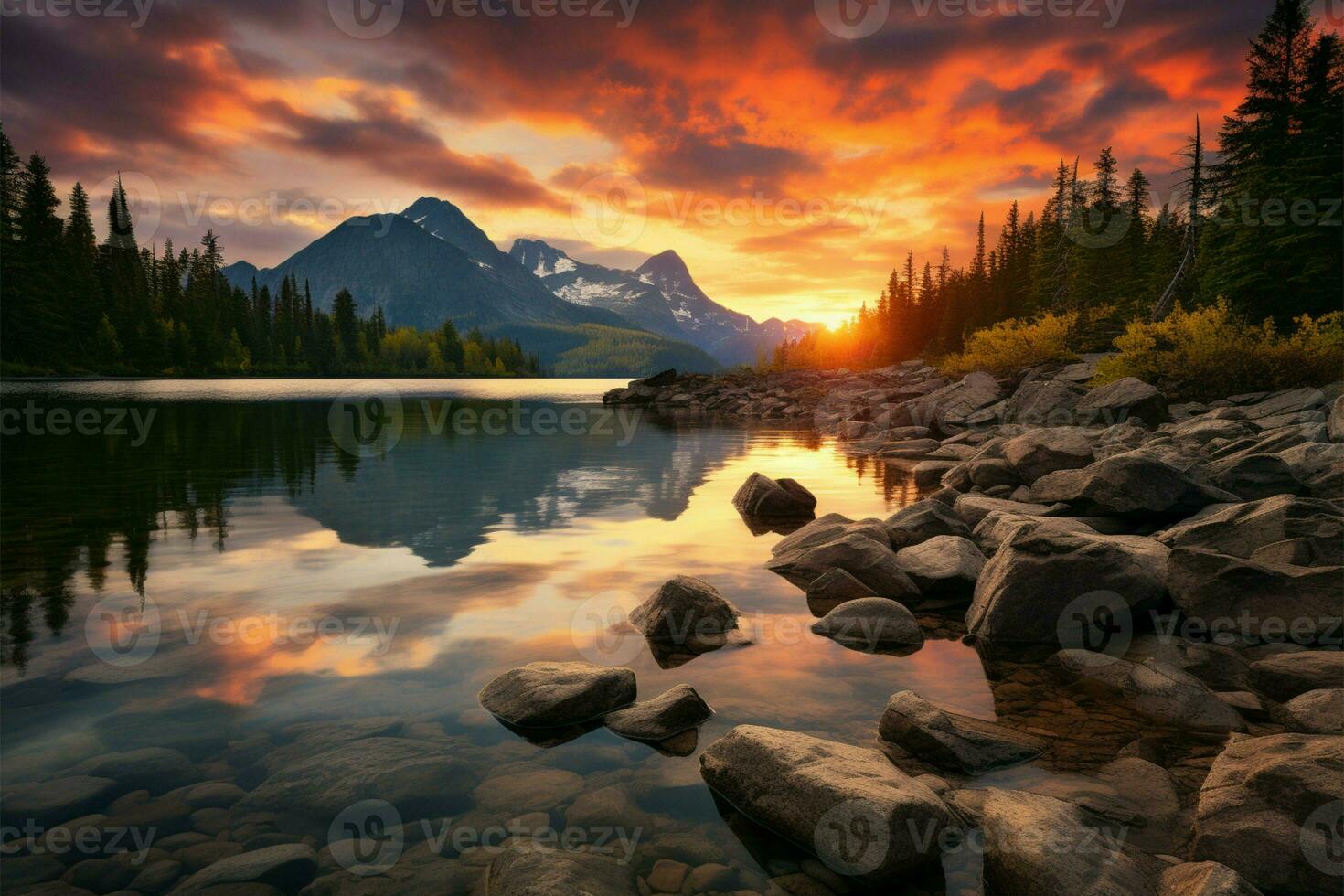 ai generado excursionismo refugio alto tatra montaña picos, calma lago, otoño puesta de sol foto